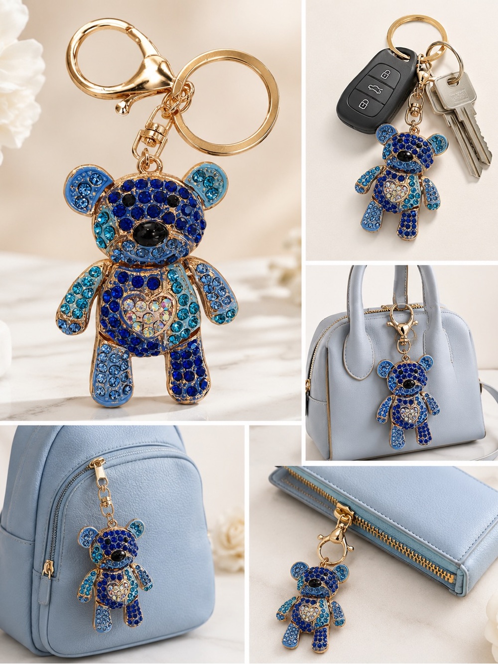 Blue Crystal and Gold Teddy Bear Keychain Charm